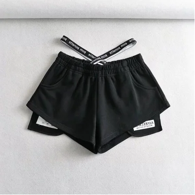 High Waist Black Elastic Waist Short Pants Women's Casual Summer Sports High Waist Slim Wide Leg Pants Korean Style Commute