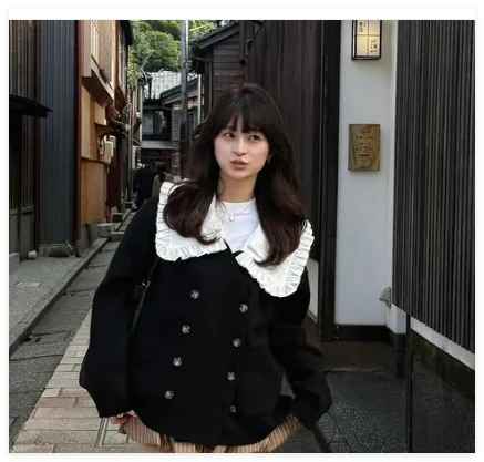 

Japanese Sweet Ruffle Edge Lapel Loose Casual V Neck Knitted Sweater Cardigan Coat Female 2026 Spring New Black Top Jacket Women