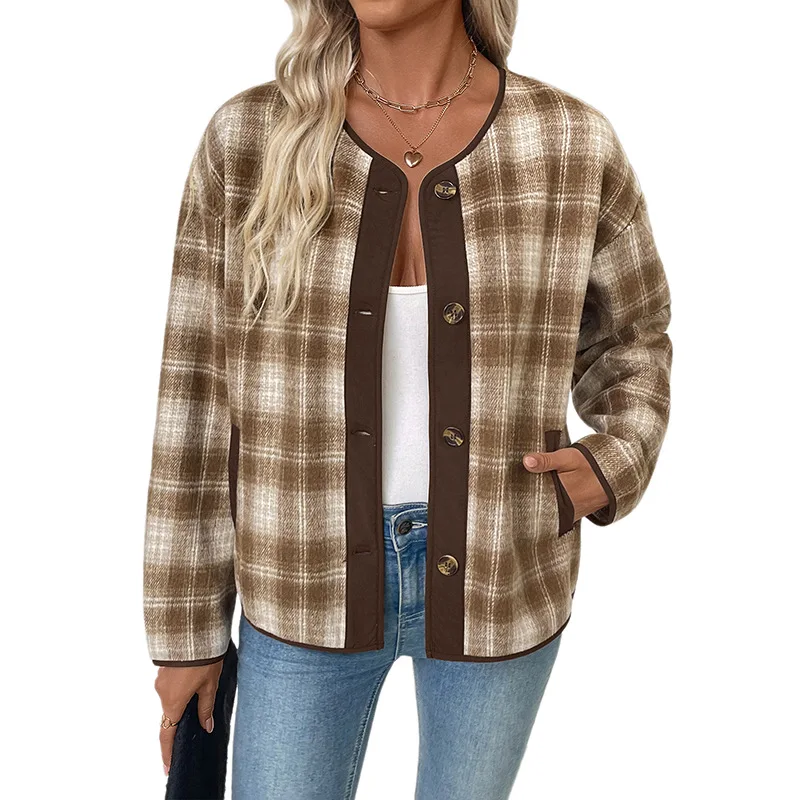 2025 Autumn and Winter Brushed Thickened Women's Plaid Design Jacket Casual Plaid Cardigan Coat Women