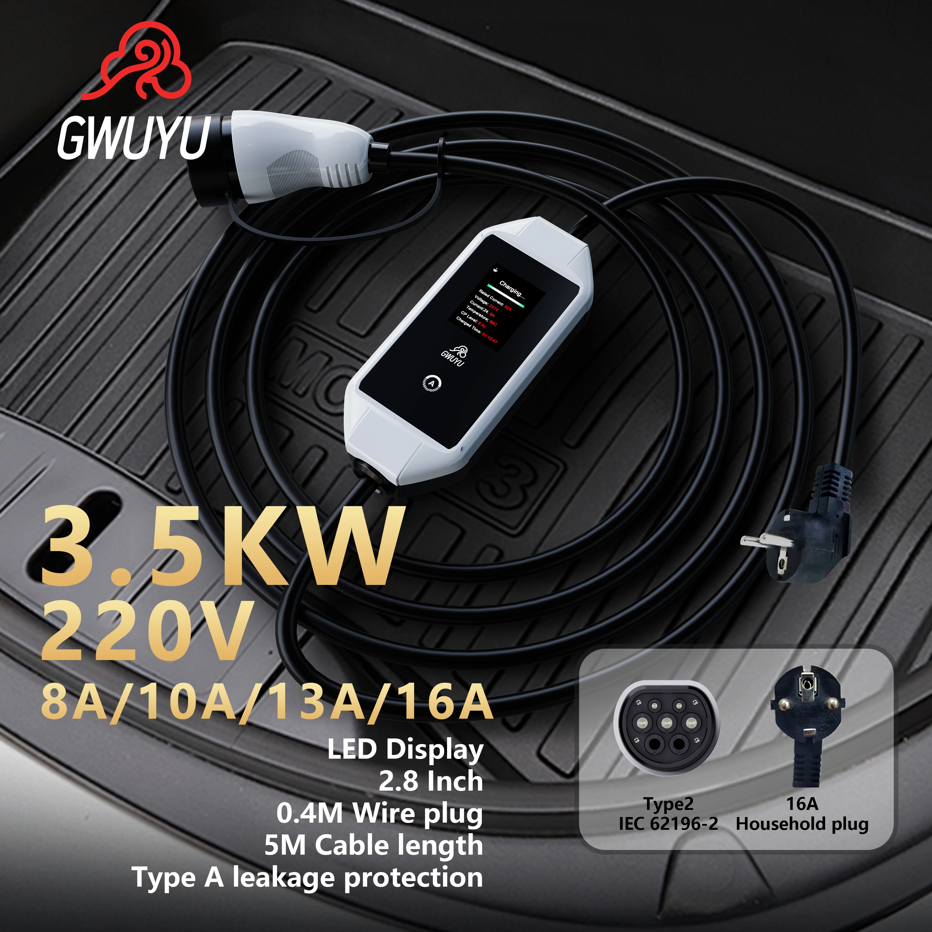 

EV Portable Charger GWUYU M64 7.6KW 32A Led Display Current Adjustable 8A 10A 13A 16A EVSE Type 2 Smart Electric Vehicle Charger