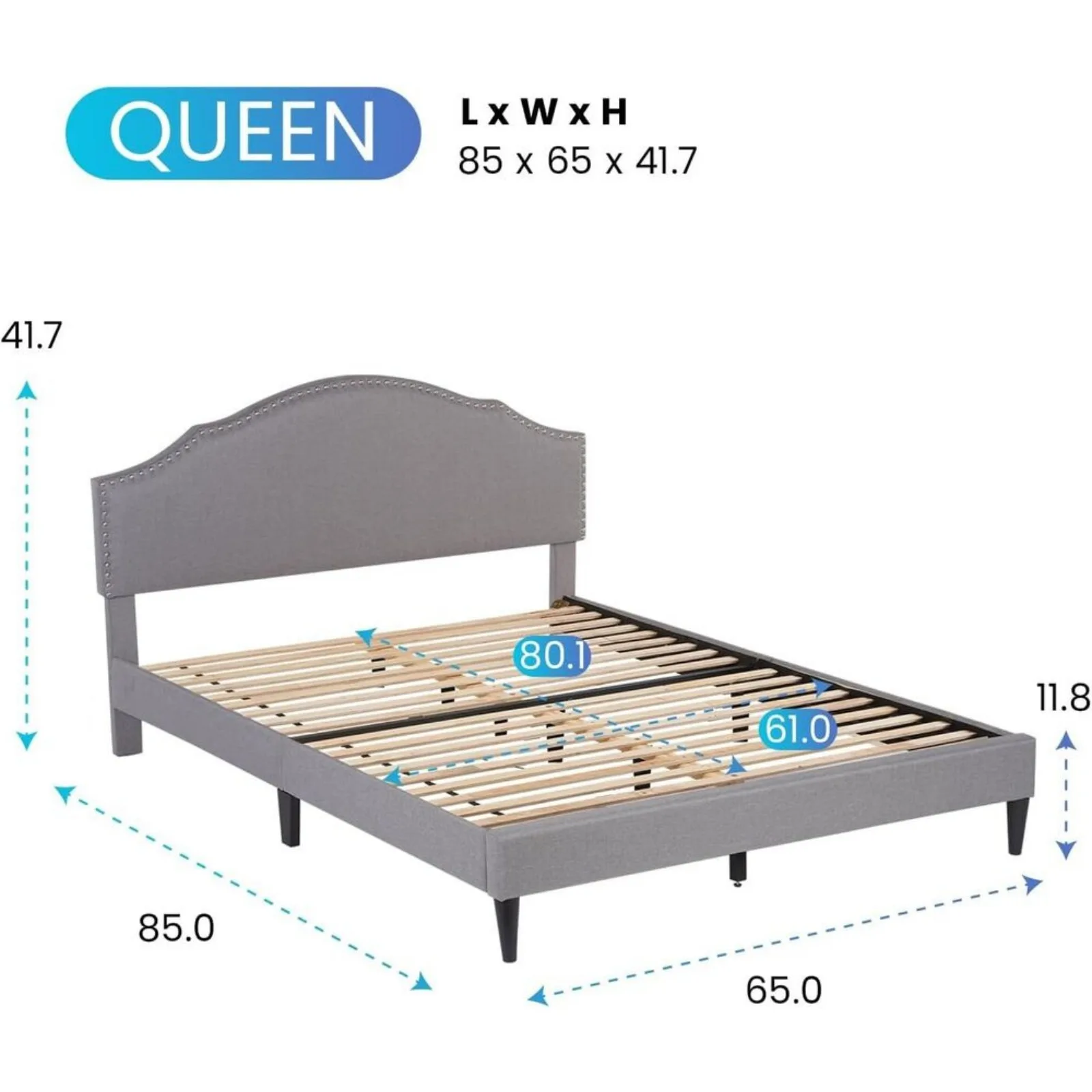 Estructura de cama con plataforma tapizada con cabecero de tela y listones de madera, soporte para Estados Unidos