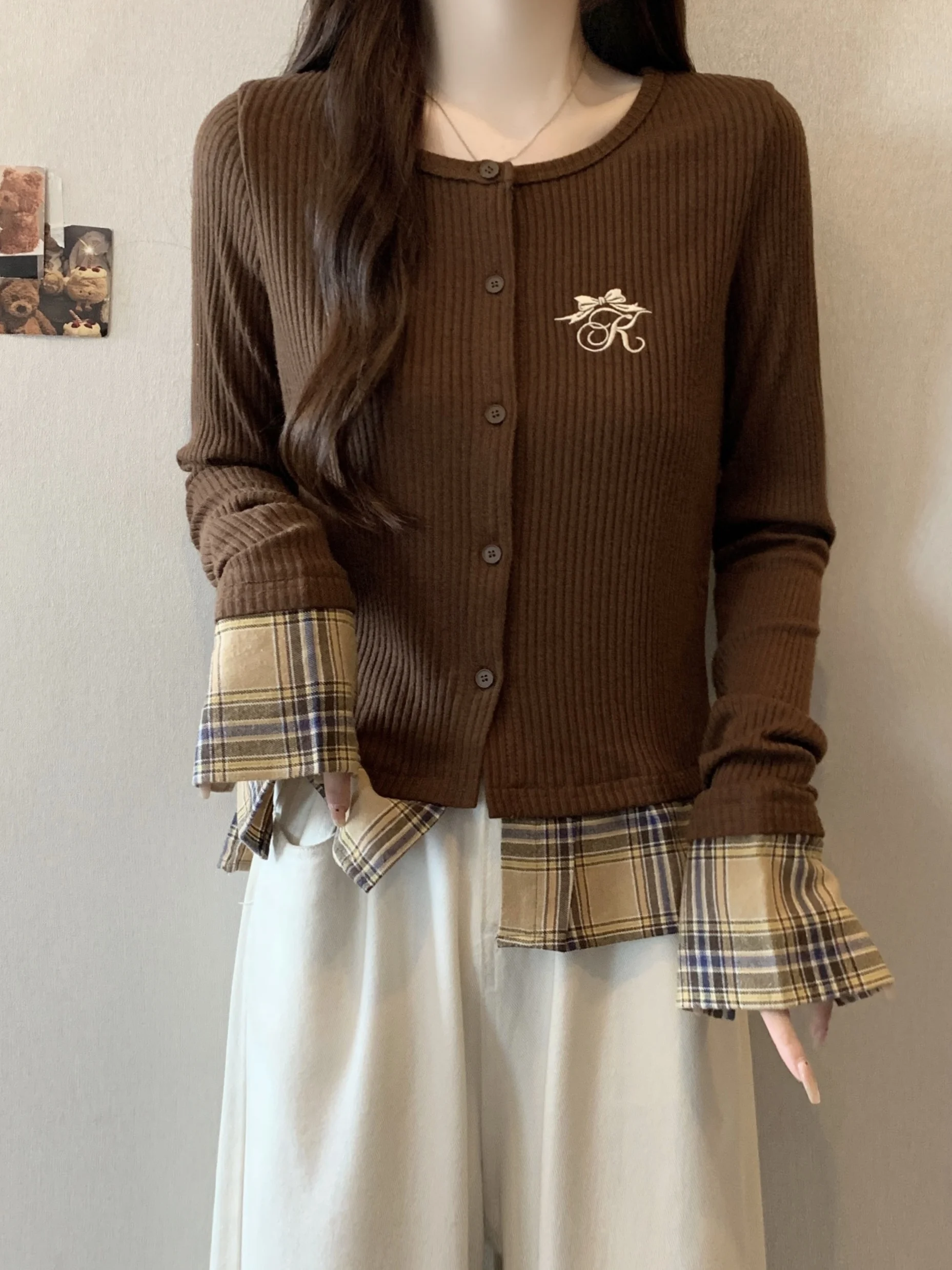 

Large Size Women's Knitted Long Sve Plaid Open Cardigan round Ne Versatile Lazy Sle Top High Waist French Sle Slim Fit