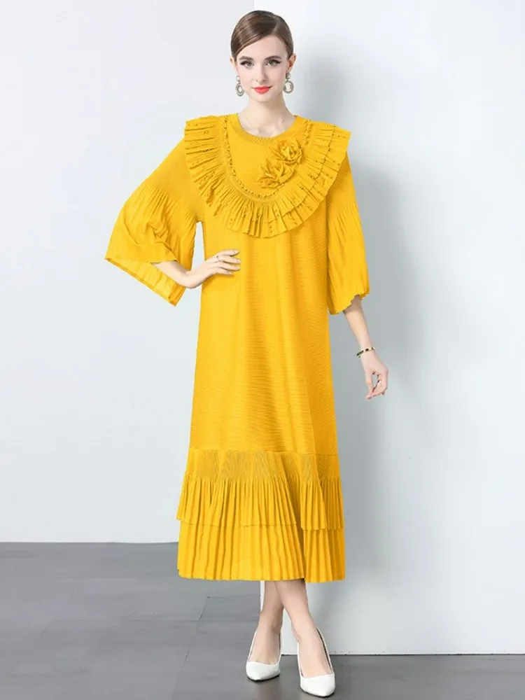 ミヤケ レディース ロングドレス 夏 2025 ルーズ ファッション ハイストレッチ フリル ビーズ 長袖 花柄ローブ