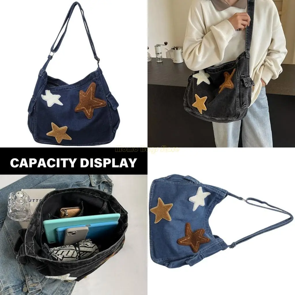 

X90D Women Denims Crossbody Bag Large Capacity Shoulder Bag Lovely Star Bag