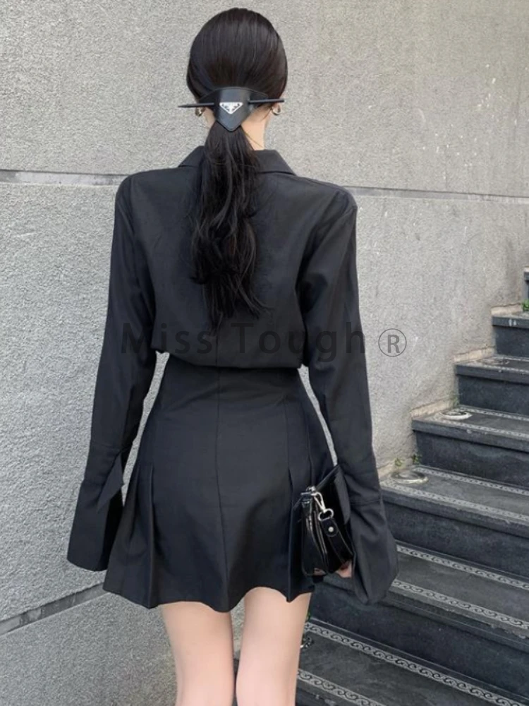 Autumn Black Shirt Dress Women Elegant Vintage Long Sleeve Dresses Sexy Gothic Pleated Streetwear Turn-down Collar Casual Robe