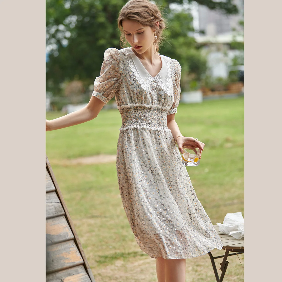 OLrain Floral Chiffon Womens Dresses 2026 Spring Summer New Smocking Lace V-Neck Puff Sleeve Sequins Elegant Dress O21XL52228