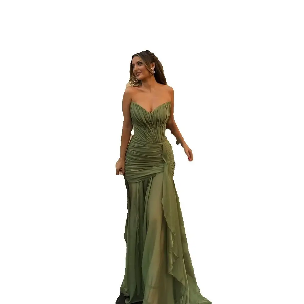 Moderne olijfgroene avondjurken zeemeermin chiffon lange jurk voor bruiloftsgasten korset vestidos de fiesta feest op maat - afbeelding 2