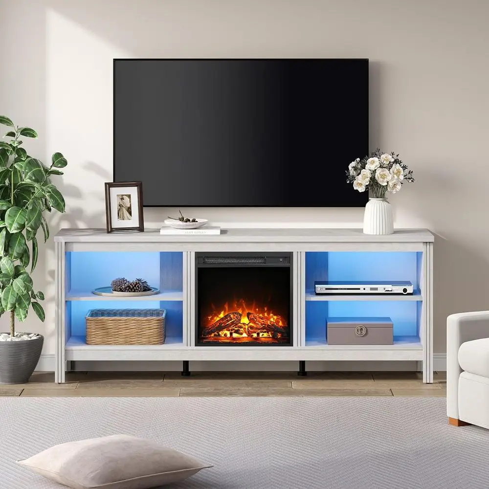 Modern White Entertainment Center with 18 Electric Fireplace and RGB LED, 75 TV Stand