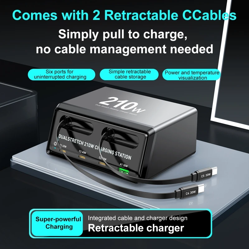 210W Fast Charging Charger with Retractable Cable Tablet and Phone Charger All-in-One Power Hub for Office and Home