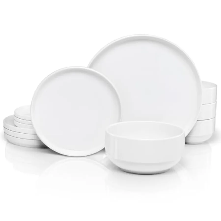 

Ceramic Dinnerware Set 12-Piece Service for 4 Soup Bowls 31.5 oz Salad Plates (7.5") Dinner Plates (10.5") Round Microwave and