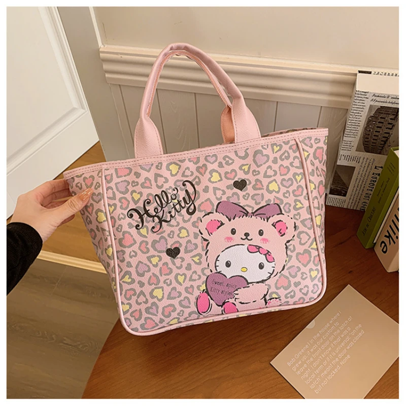 HelloKitty Tote Bag for Woman Girl Cartoon Cute Drag KT Leopard Print Leather Aesthetic Bag Handbag Large Capacity Shoulder Bag