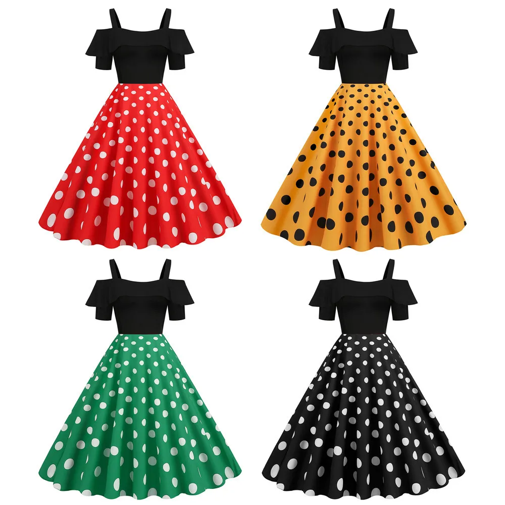 

Elegant Off Shoulder Vintage 50 60s Pinup Summer Dress Slash Neck Vintage Ladies Fit and Flare Polka Dot Strap Ruffles Party