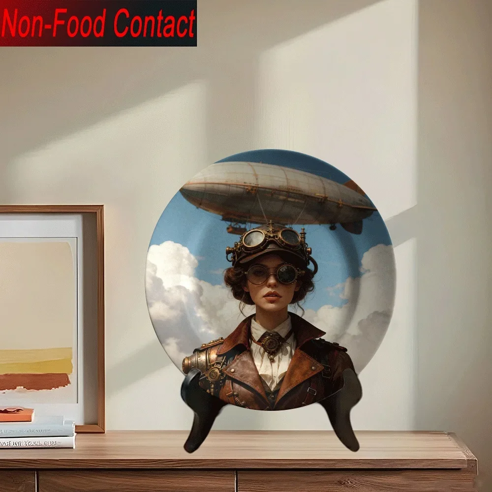 2D Flat, 1pc Steam Punk Ceramic Plate - Vintage Airship & Goggles Girl Design, Non-Food Contact Decorative Round Plate for