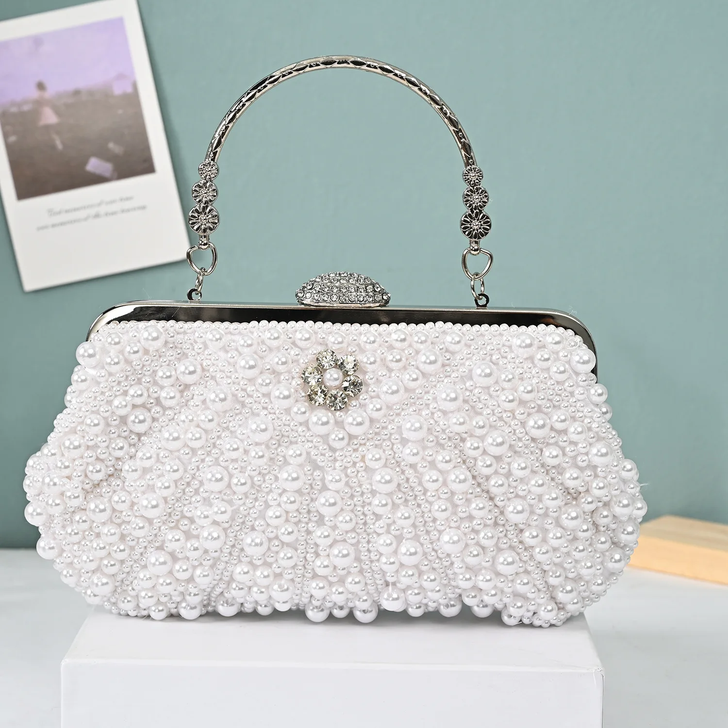 

2023 New Shell Pearl Rhinestone Dinner Bride Dress Shoulder Bag Small Banquet Bag Cocktail Party Handbag Evening Clutch Purse