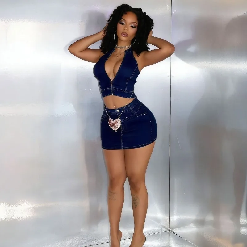 

Women Fashion Casual Street Denim 2 Piece Set Sleeveless Zip-up Halter Backless Vest Crop Tops + Bodycon Mini Skirts Jeans Suit
