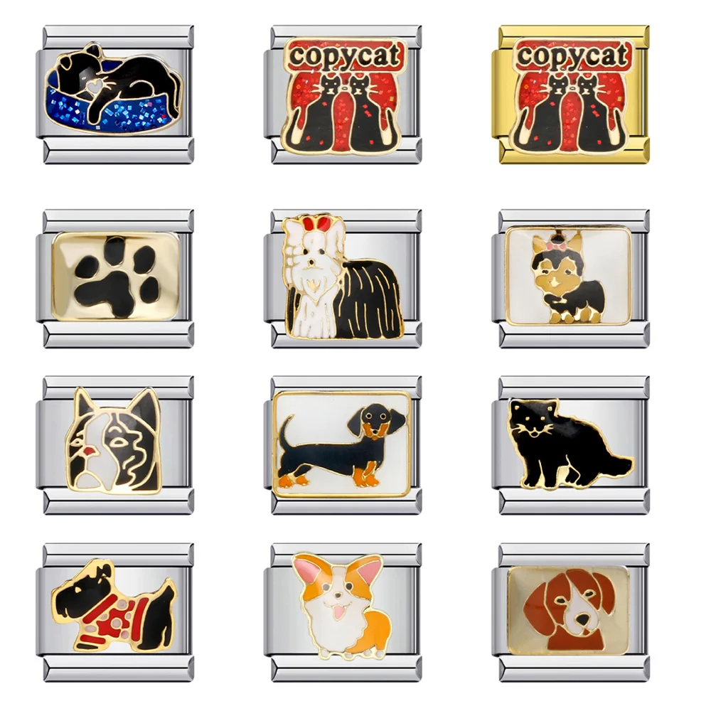 Cute Animals Pet Corgi Dog Black Cat Copycat Italian Charm Fit 9mm Italian Charm Bracelet Making DIY Jewelry Gift