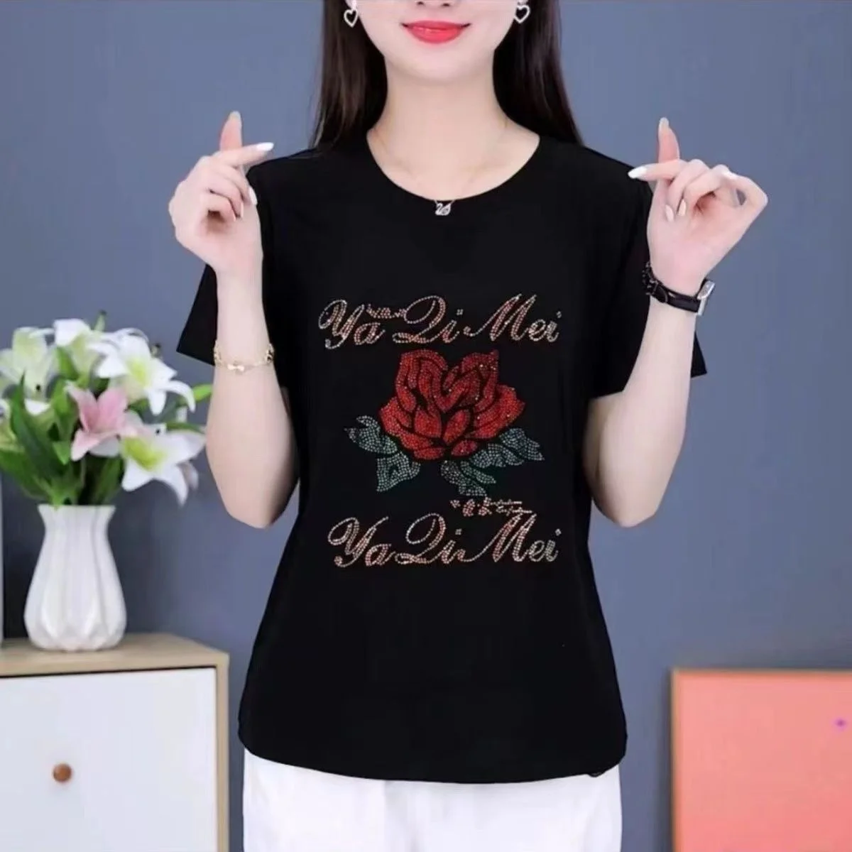 صيف جديد الحرير الجليد حجر الراين ort Sve تي شيرت فضفاض سليم الجولة Ne تنوعا عادية Faionable رقيقة Sle المرأة