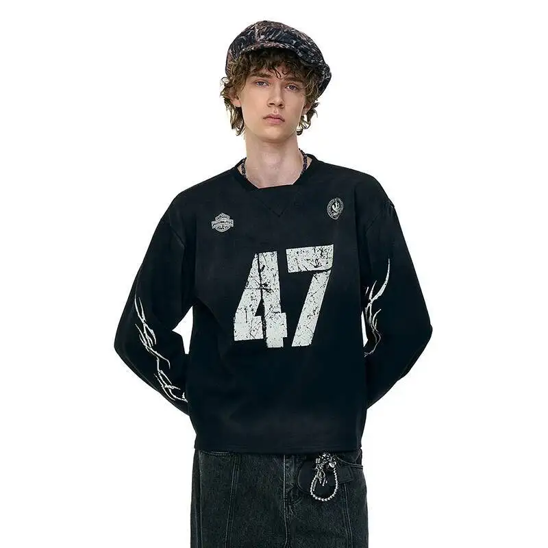 LUZHEN 2026 New Original Number Patchwork Long Sleeve T-shirts Men's Fashion Handsome High Quality Round Neck Male Tops JY6748