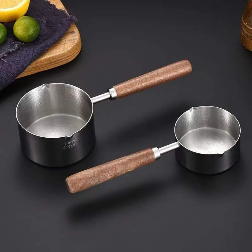 Sartén de acero inoxidable 304 con mango de madera multifuncional, caño pequeño para salsa con escala, cuchara medidora profunda para Chocolate