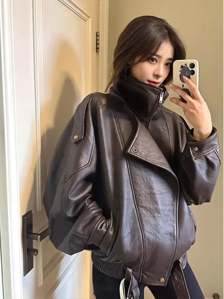 Dámská nadměrná kožená bunda z jehněčí kůže, volná, motocyklový styl, svrchní oblečení na začátku podzimu, jednoduchý design, luxusní nová, horká výprodej - náhled 4