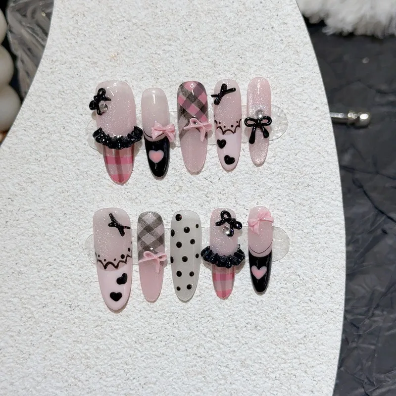 10 piezas negro rosa dulce francés a cuadros amor hecho a mano prensa en las uñas ballet princesa lindo arco uñas postizas removibles reutilizables