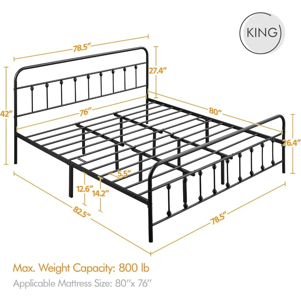 King Size Bed Frame with Victorian Style Iron-Art Headboard, Footboard, Under Beds Storage, Classic Metal Platform Bed Frame