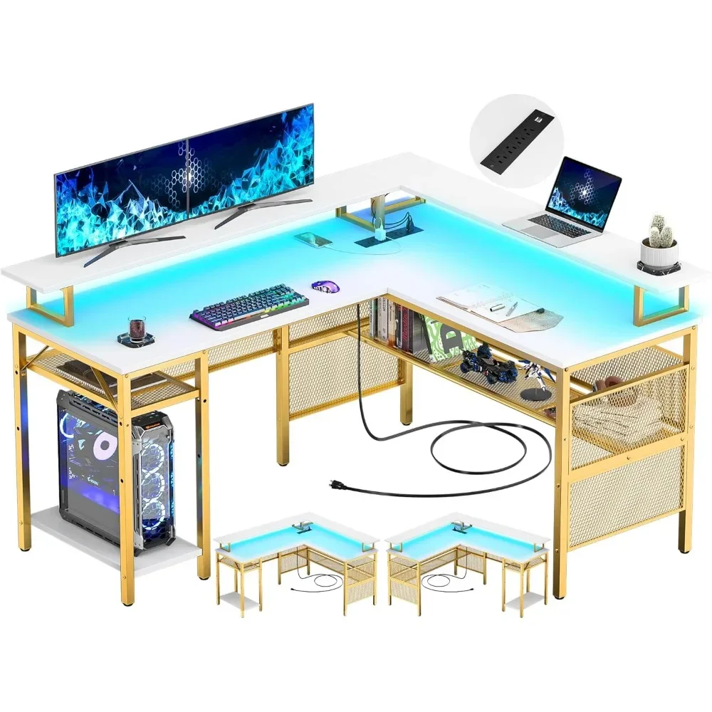 

L Shaped Desk with LED Strip and Power Outlets, Reversible Corner Computer Desks with Monitor Stand and Storage Shelf