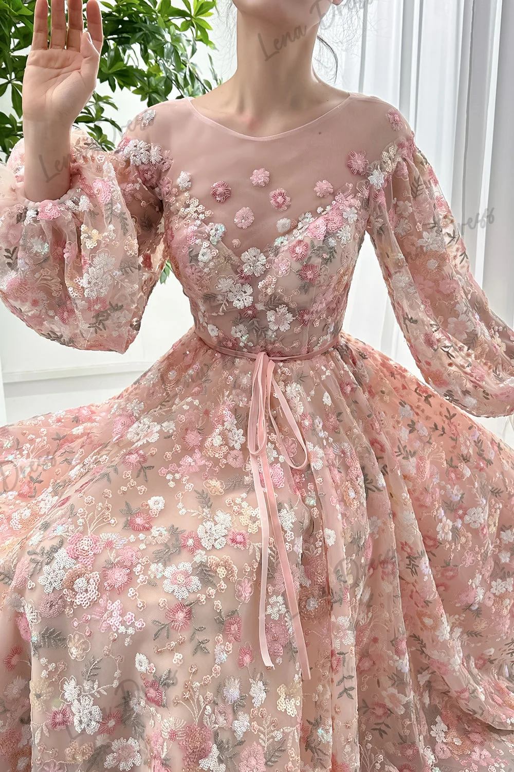 Vestido rosa elegante de manga larga para mujer, prenda de Gala con encaje Floral y cuello redondo para fiesta, 2024