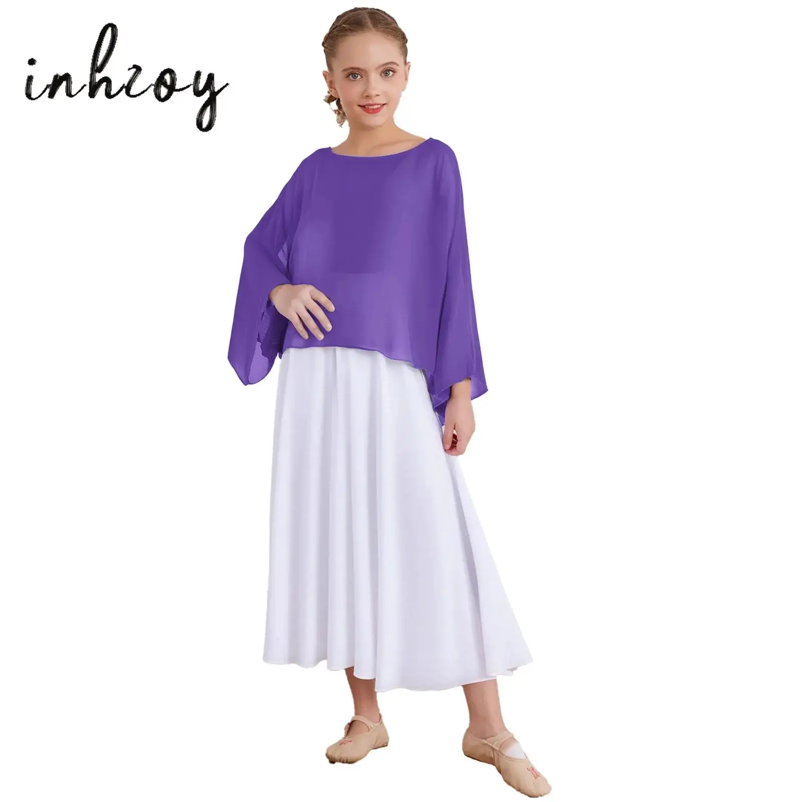 

Kids Girls Liturgical Praise Chiffon Cape Long Sleeve Pullover Shawls Shrugs Bolero for Lyrical Worship Dance Church Choir Shirt