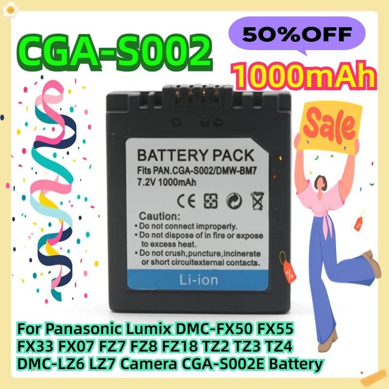 

For Panasonic Lumix DMC-FX50 FX55 FX33 FX07 FZ7 FZ8 FZ18 TZ2 TZ3 TZ4 DMC-LZ6 LZ7 Camera CGA-S002E Battery 1000mAh