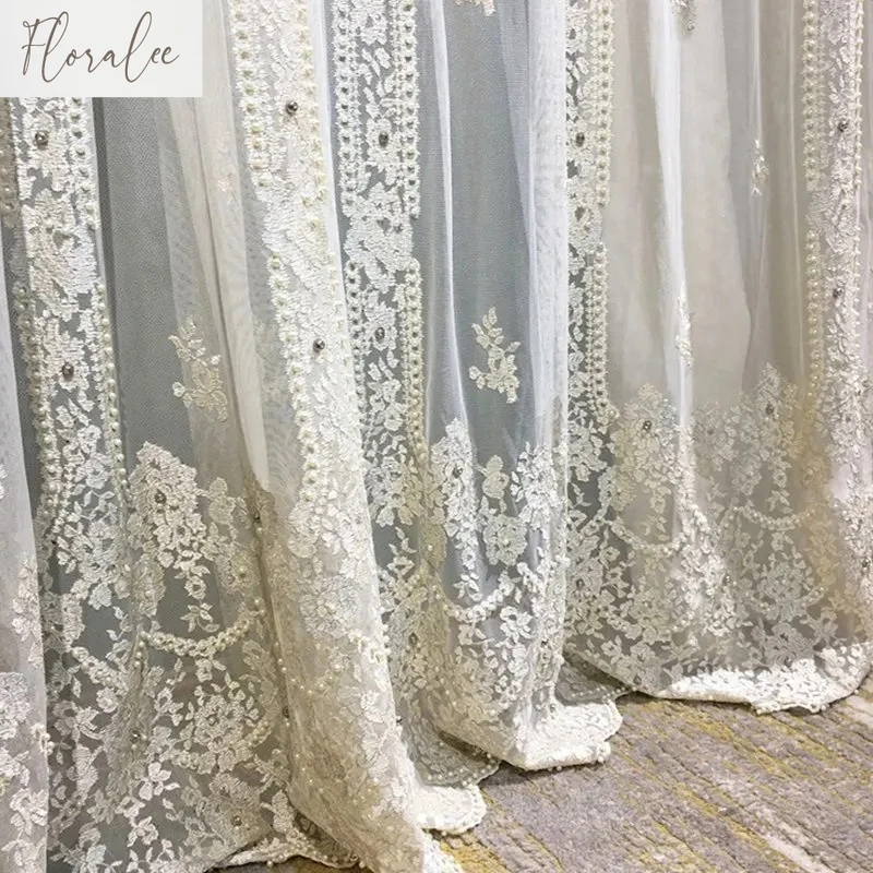 European Embroider Luxury White Tulle Sheer Curtains for Living Room Dining Bedroom Mbroidery Flowers Lace Curtain Window Custom