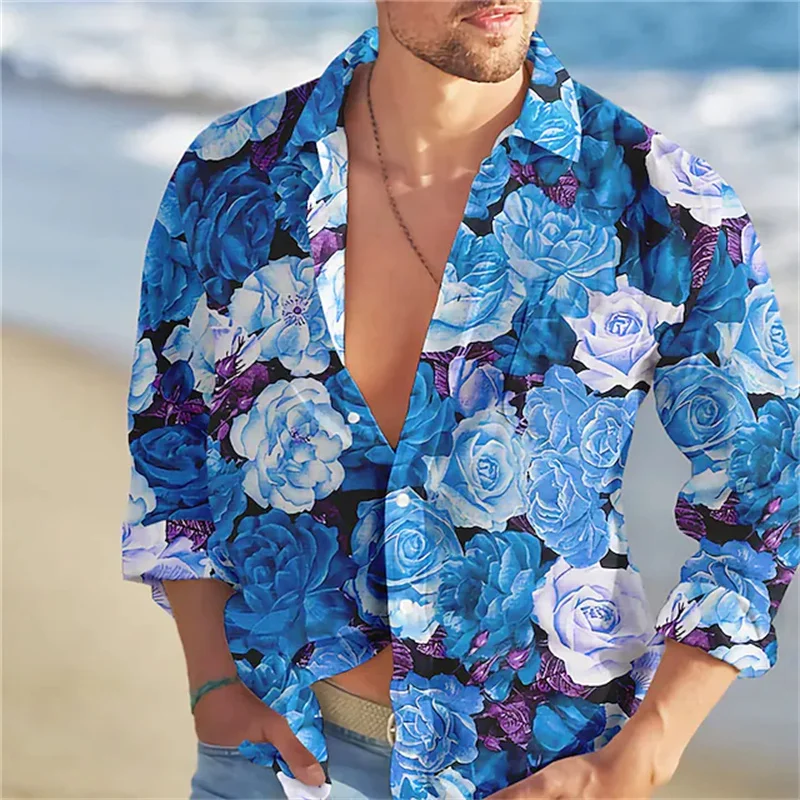 Camisa masculina de peito único, manga comprida, impressão 3D rosa vermelha, lapela de lazer, moda elegante, personalidade, verão, novo estilo