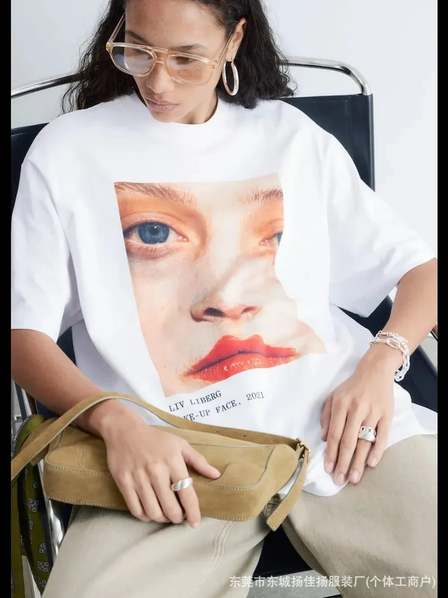Designer Face Print Cotton Tee - Women's Casual Oversized Short Sleeve T-Shirt French Elegant Chic Aesthetic Streetwear Elegant