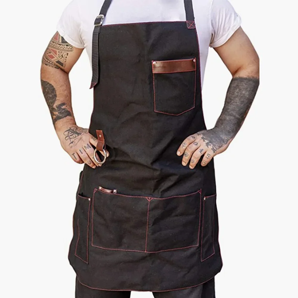 Thickened Chef Canvas Apron With Multiple Pockets Leather Splicing Work Clothes Home Kitchen Barbecue Anti Fouling Apron