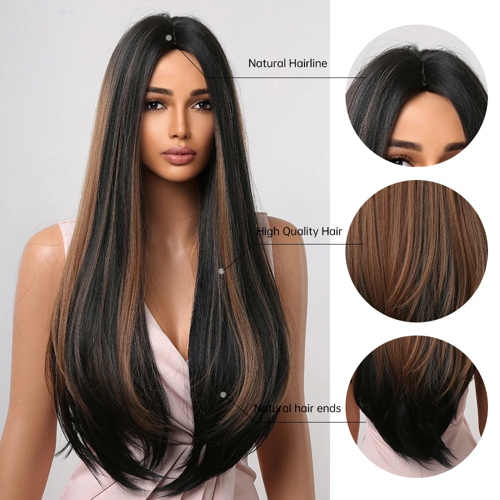 HENRY MARGU Brown Highlight Synthetic Wigs Long Silk Straight Wig with Bangs Middle Part Natural Brown Daily Wig Heat Resistant