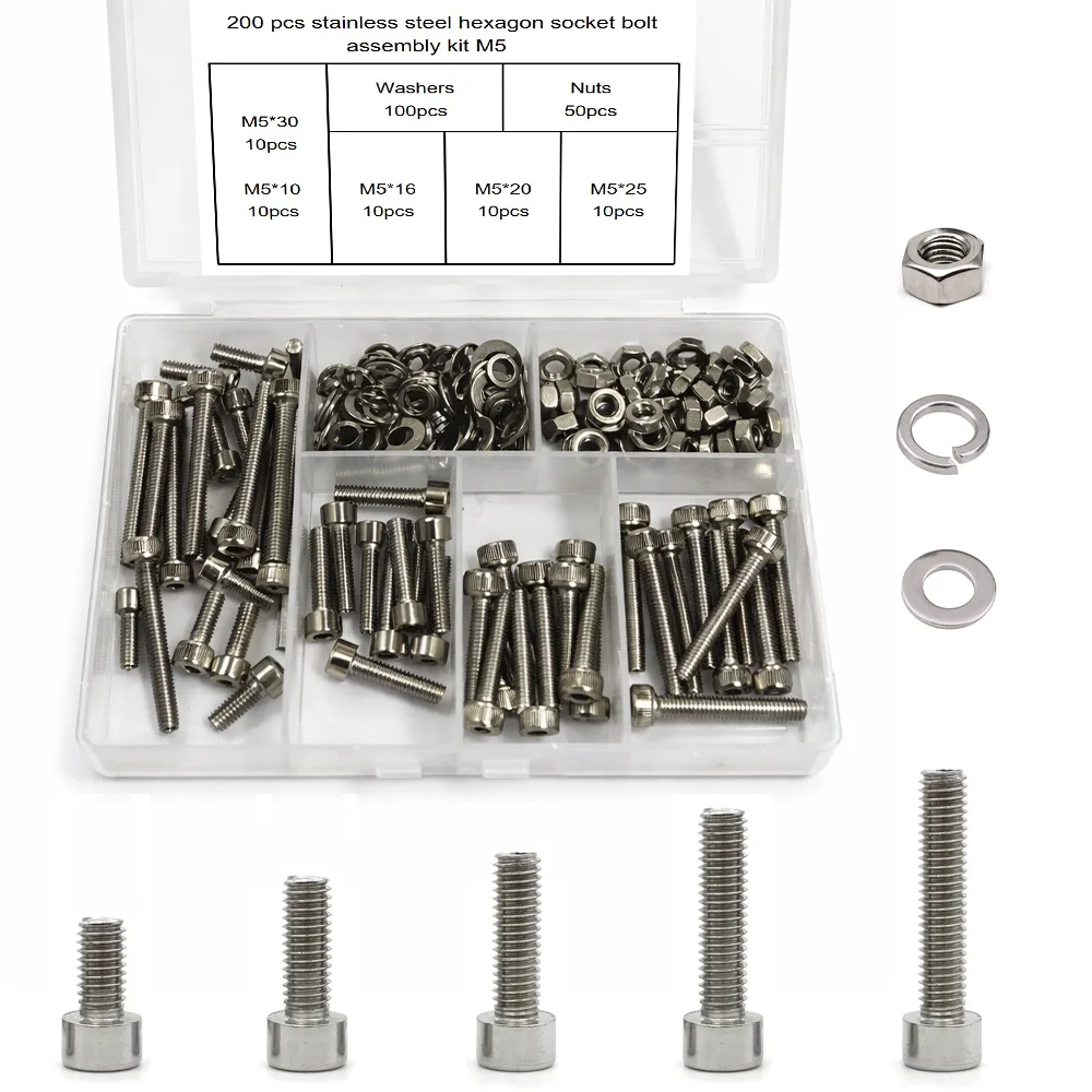 200-Piece M5 Stainless Steel Hex Socket Head Cap Bolt and Nut Set, Suitable for Industrial Equipment and Household Repair