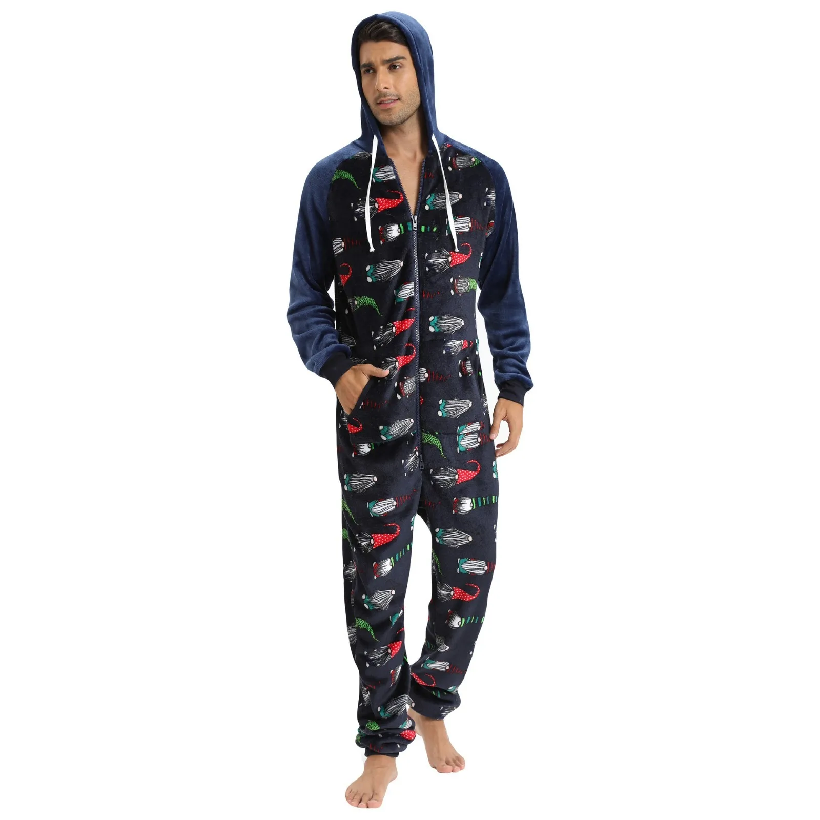 Autumn Winter Warm Men\'s Pajama Set Hoodies Overalls Men Halloween Print Onesies Zipper Jumpsuit Long Sleeve Male Clothes