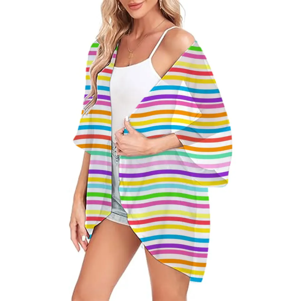 

Summer Fashion Kimono Chiffon Swimsuit Cover Up Capes Rainbow Stripes Printed Hawaii Streetwear Short Sleeve Tops Cardigan Shirt