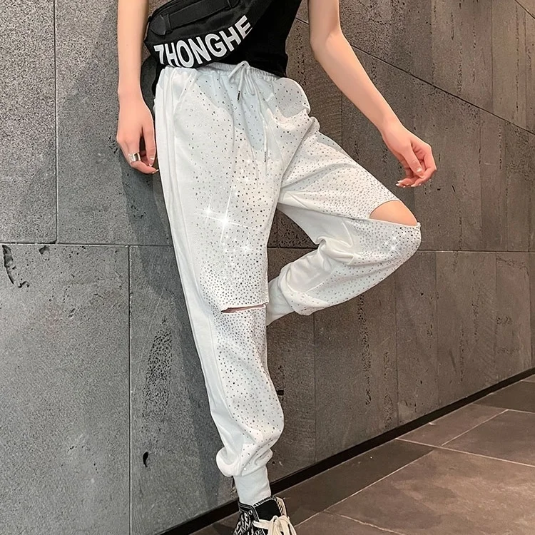 2024 Spring Summer New Trendy Male Rhinestone Casual Pants Men Women Slimming Hole Haren Trousers Versatile Fashion Sweatpants