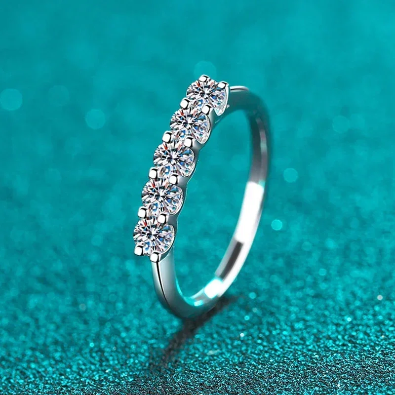 NeeTim Full 3mm Moissanite Ring for Women S925 Sterling Silver Rings with White Gold Plated 5 Stone Sparkling Wedding Band