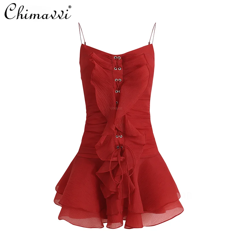 

French Hepburn Style Sexy Sleeveless Backless Ruffles Lace-up Slim Fit Dress Seaside Vacation Red Sling Short Dress Women Summer