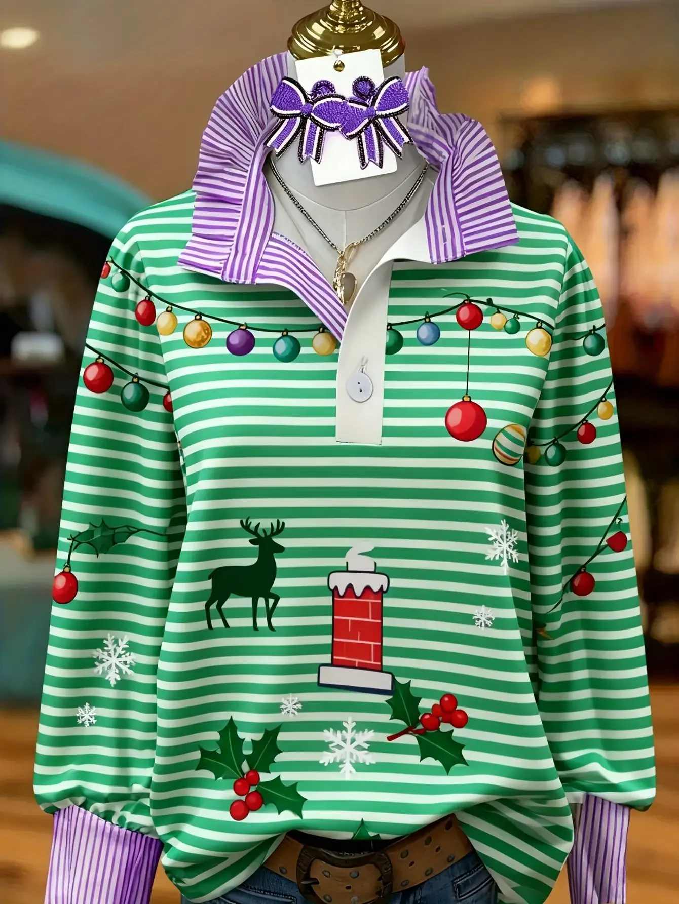 Christmas women's striped shirt with multi-color striped collar and half button shirt with Perris pattern, 