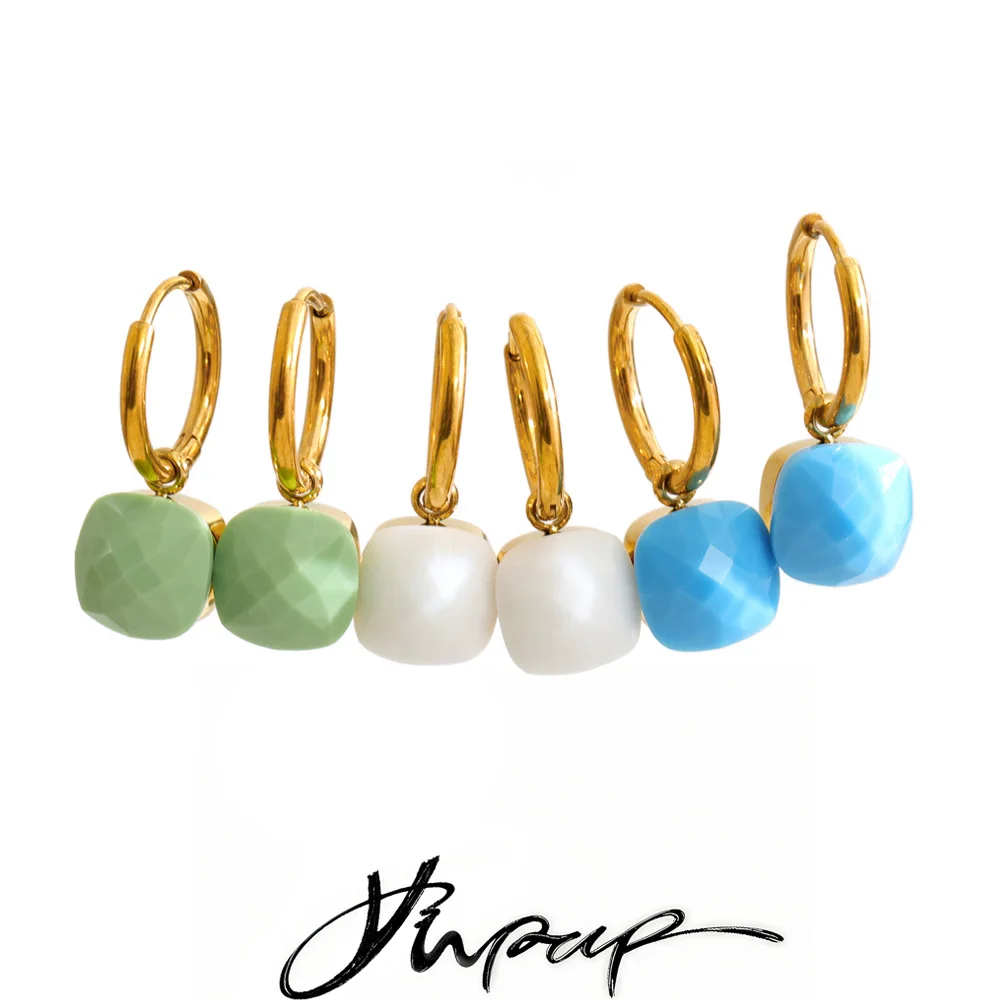 Yhpup Green White Blue Crystal Square Hoop Earrings for Women Stainless Steel Gold Color Summer Fashion Jewelry