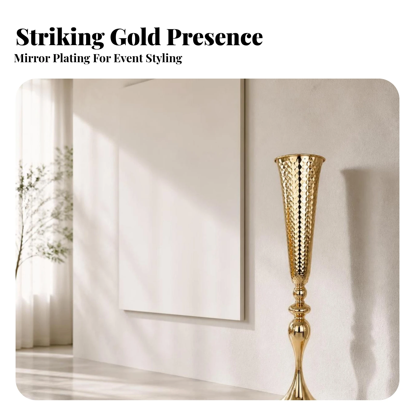Trumpet Vase Gold Flower Holder Vessel Freestanding Candelabra Electroplated for Wedding Planners, Weddings, Receptions