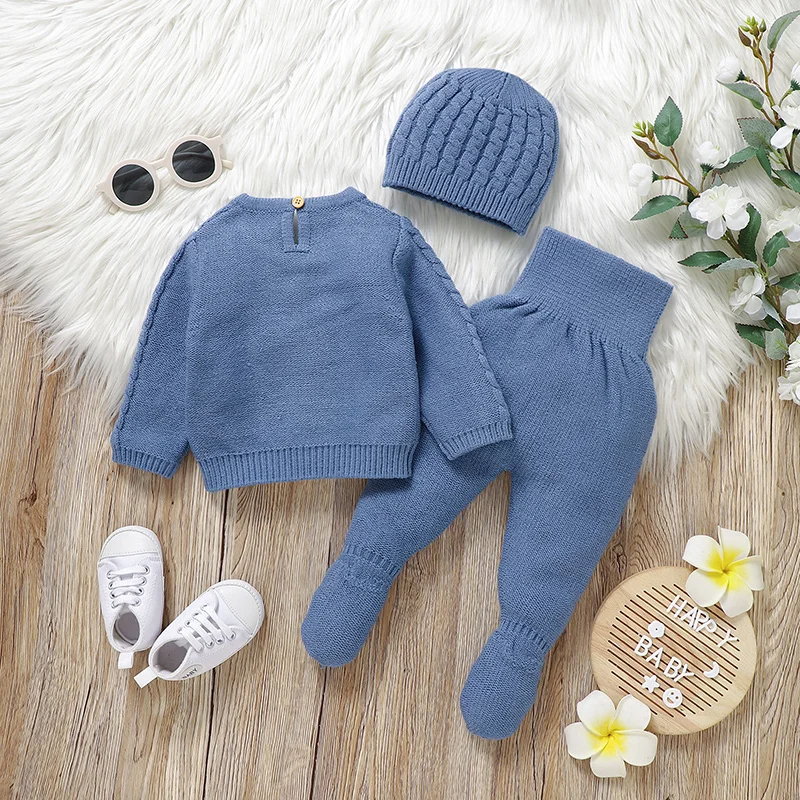 Newborn Baby Clothing Set Knit Infant Boy Sweater +Pants +Hat Long Sleeve Warm Autumn Toddler Pullover Trousers Bonnet 0-9M 3PCS