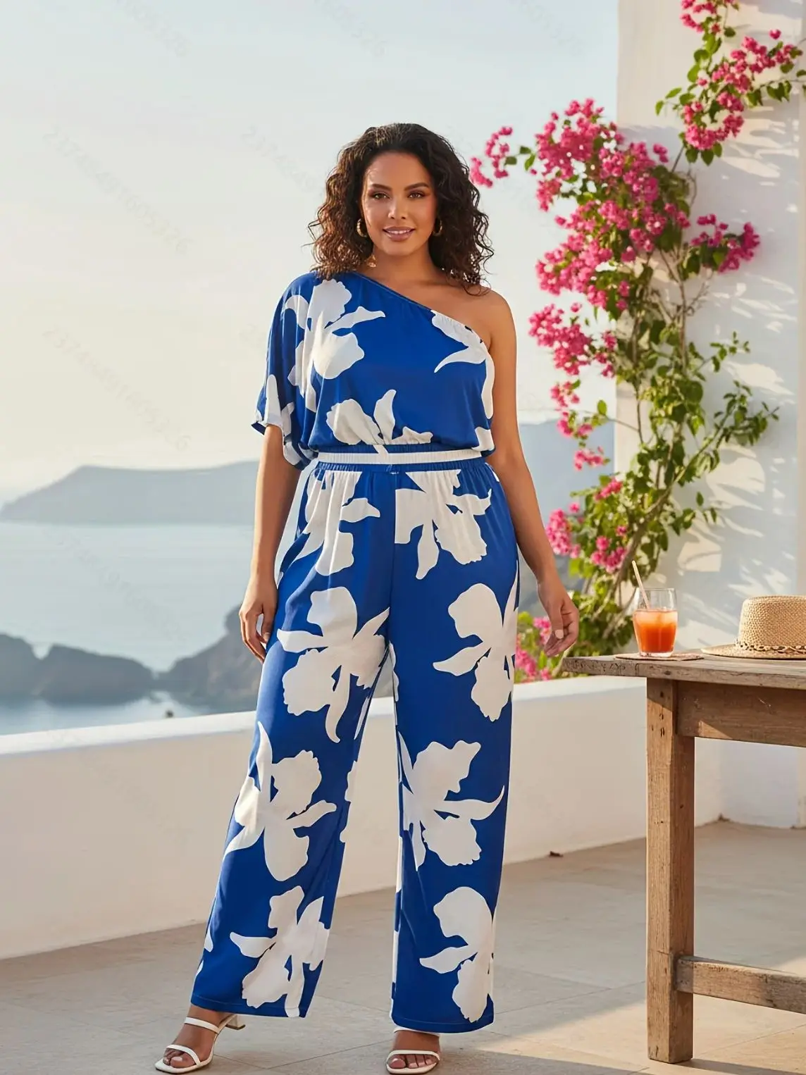 

blue two piece set floral pattern off shoulder top wide leg pants casual style loose fit vacation wear short sleeve design high