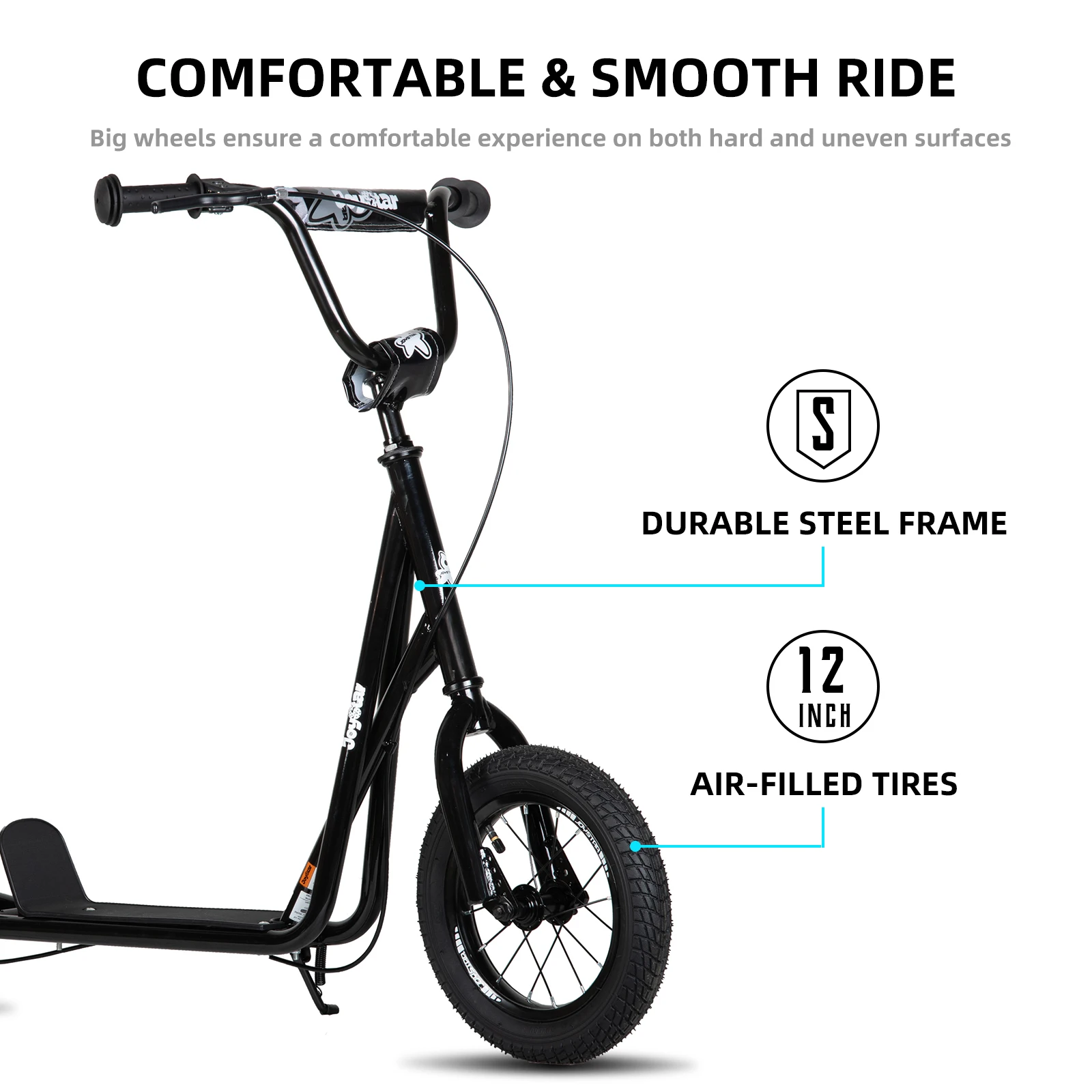 JOYSTAR Kick Scooter for Ages 5-9 Years Old Kids with 12 Inch Front and Rear Wheel, Rear V-Brake and Adjustable Handlebar, Black