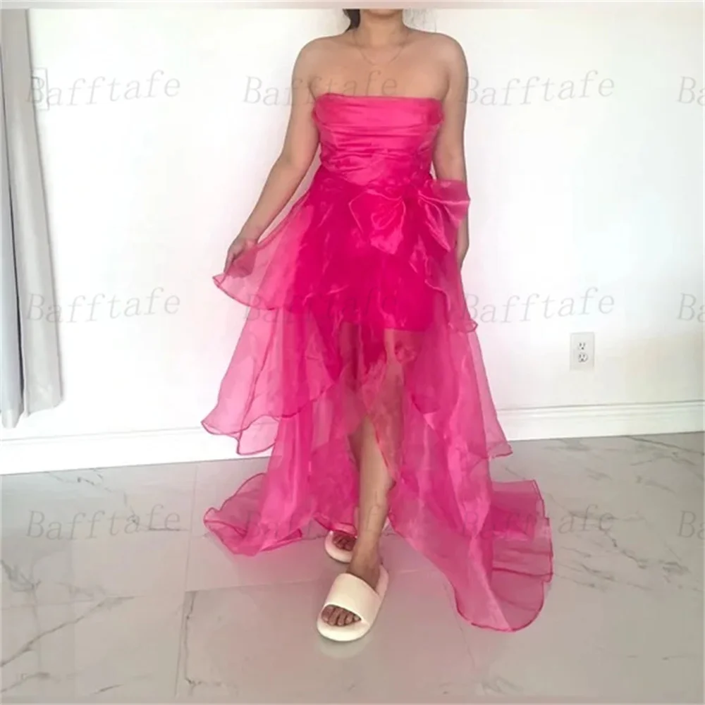 Bafftafe Fuchsia Organza Women Prom Dresses Customized Slit Ruffles Evening Dress Strapless Special Occasion Party Formal Gowns