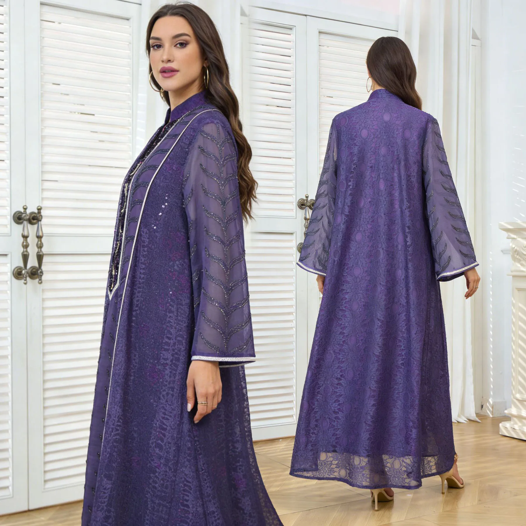 

Ramadan Eid Jalabiya Arabic Dress Muslim Women Abaya-Sequin & Thread Embroidery, V-Cut Front Stand Collar. Dubai Moroccan Kaftan