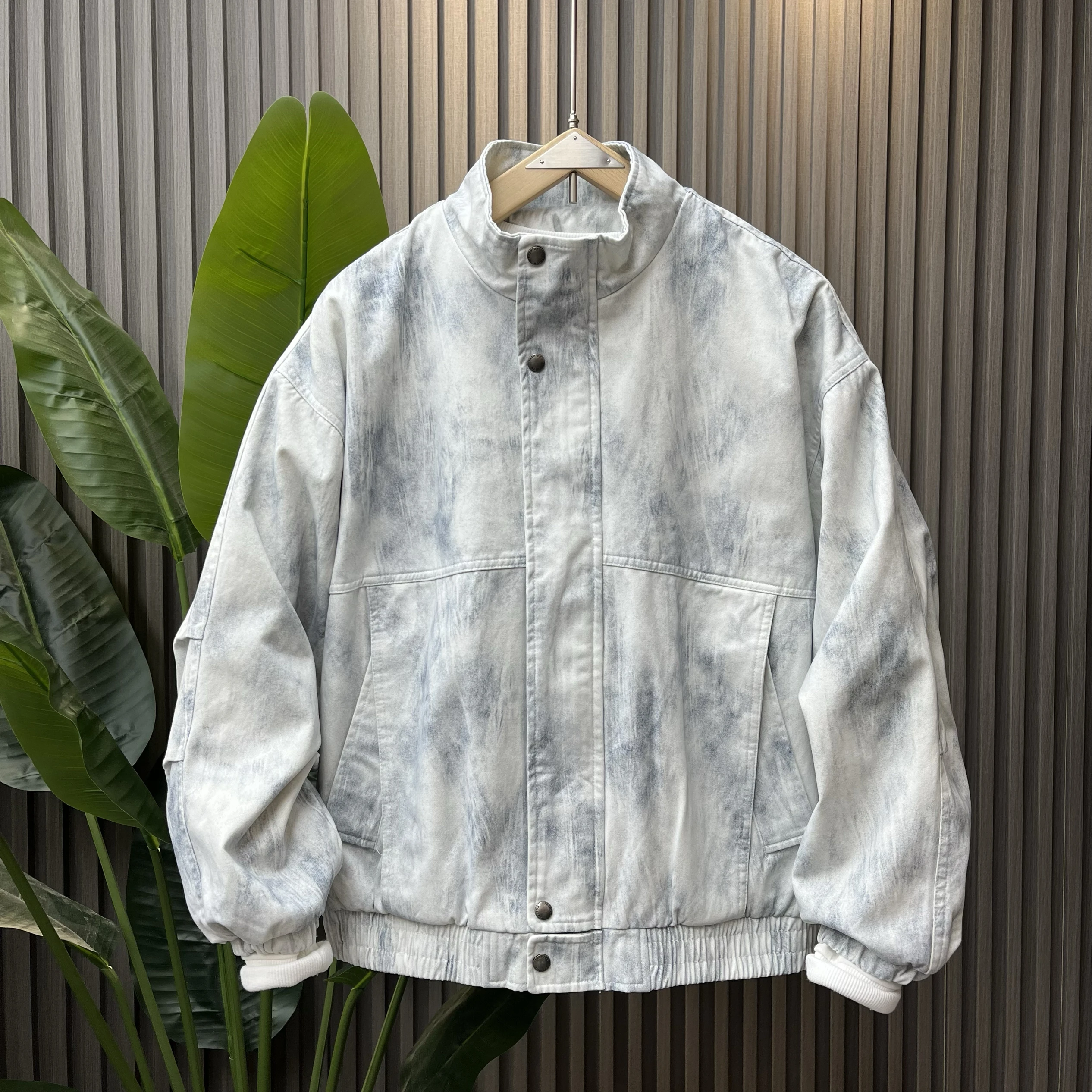 

Spring New Loose Fit Korean Sle Patchwork adient Color Stand Collar Waed Denim Jaet for Men Casual Trendy Top